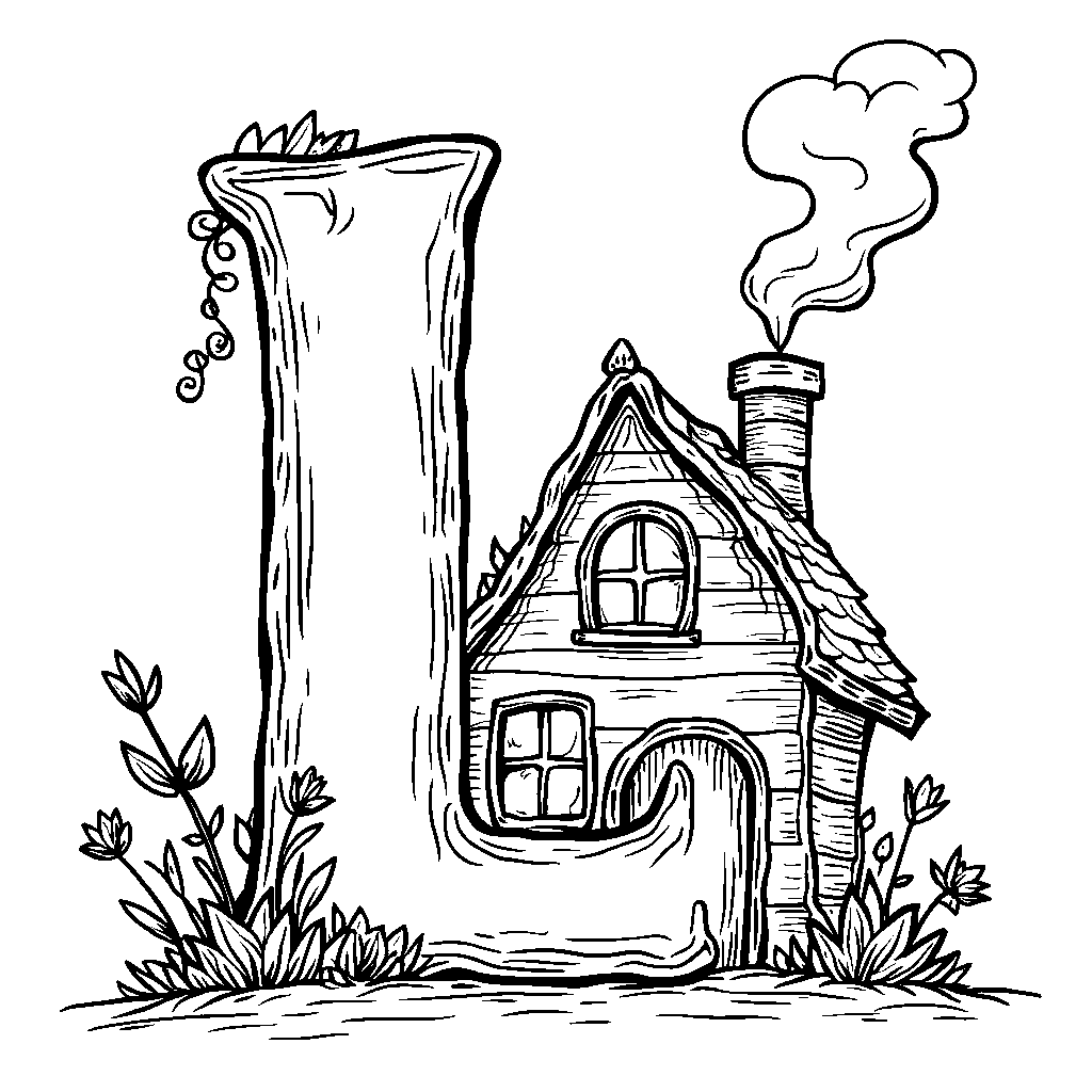 A letter L with a cozy little house and chimney smoke