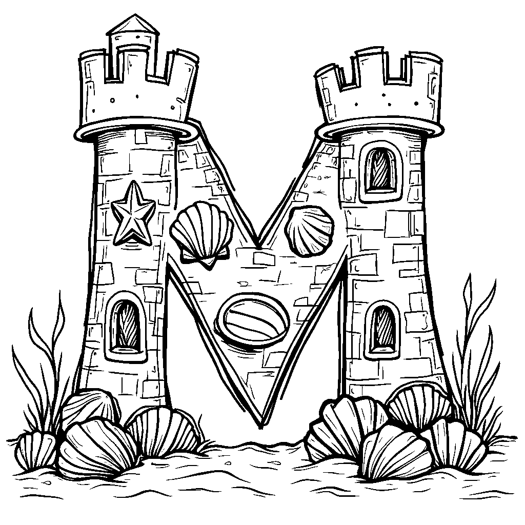 A beach with letter M as a sandcastle decorated with shells