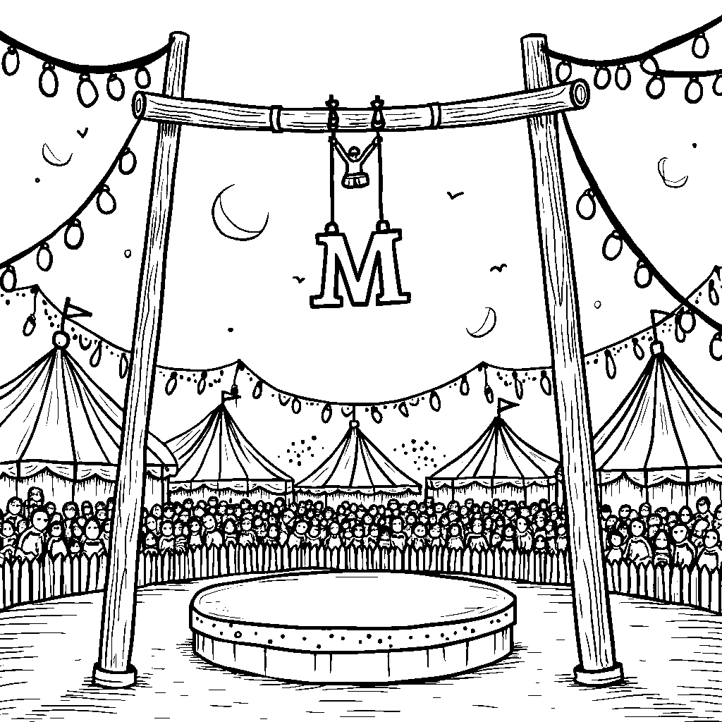 A circus arena featuring letter M as a trapeze artist