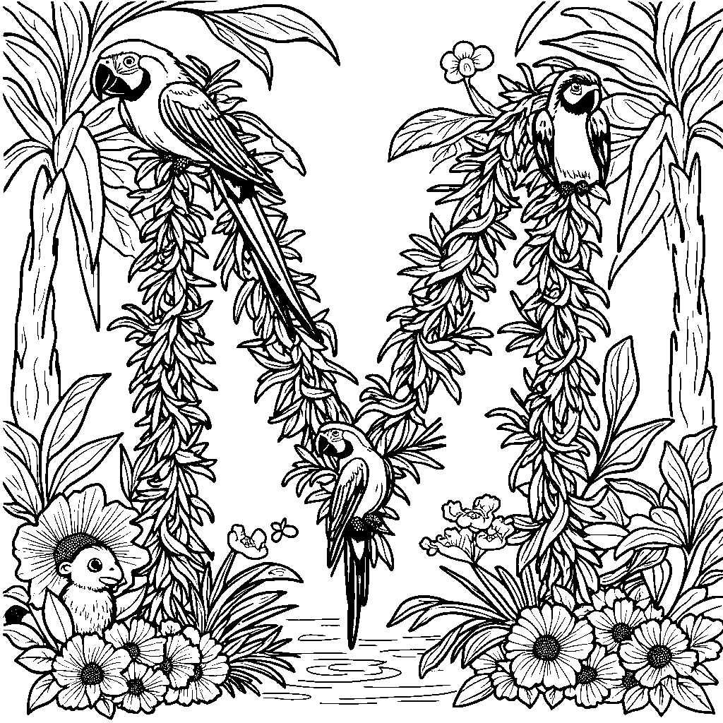 A jungle scene with letter M made of vines and tropical animals