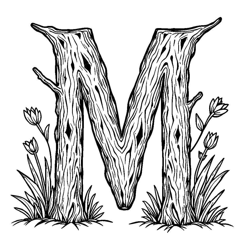 A letter M crafted from branches and leaves in a nature setting