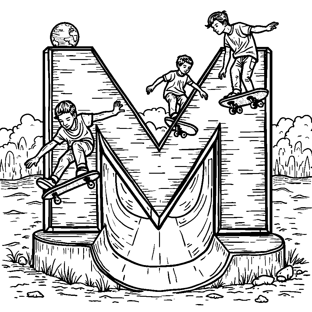 A letter M drawn as a skateboard ramp showcasing cool tricks