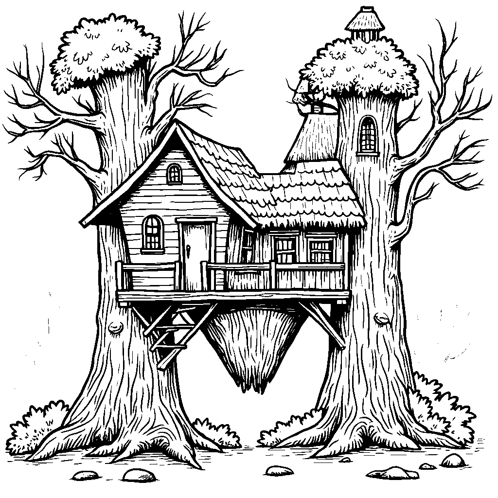 A letter M represented as a cozy treehouse in the forest