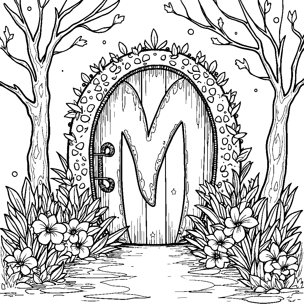 A magical fairyland with letter M as a sparkling fairy door