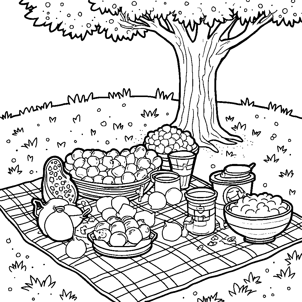 A picnic scene with letter M made of colorful food items