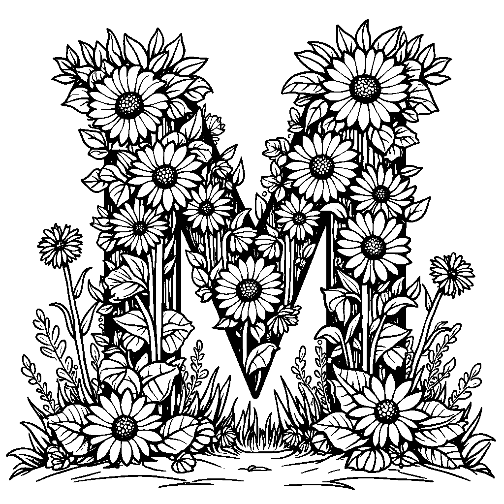 A vibrant garden with letter M made of plants and flowers