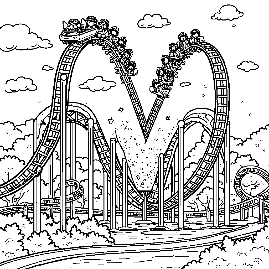 An amusement park scene with letter M as a roller coaster