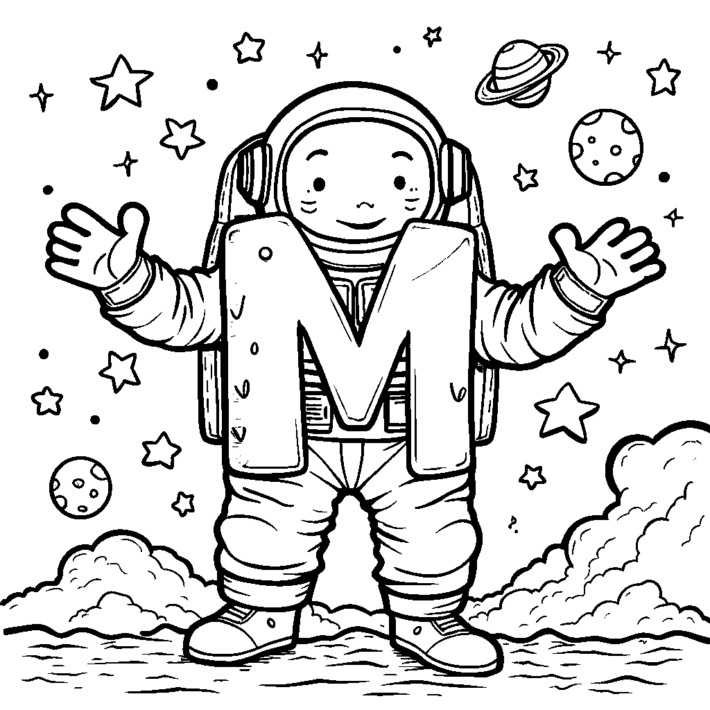 An outer space adventure with letter M as an astronaut