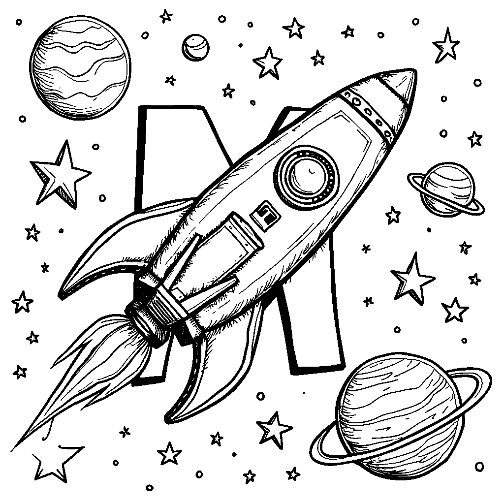 An outer space theme with letter M as a spaceship surrounded by stars