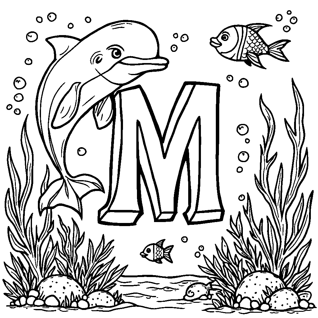 An underwater adventure with letter M as a friendly dolphin