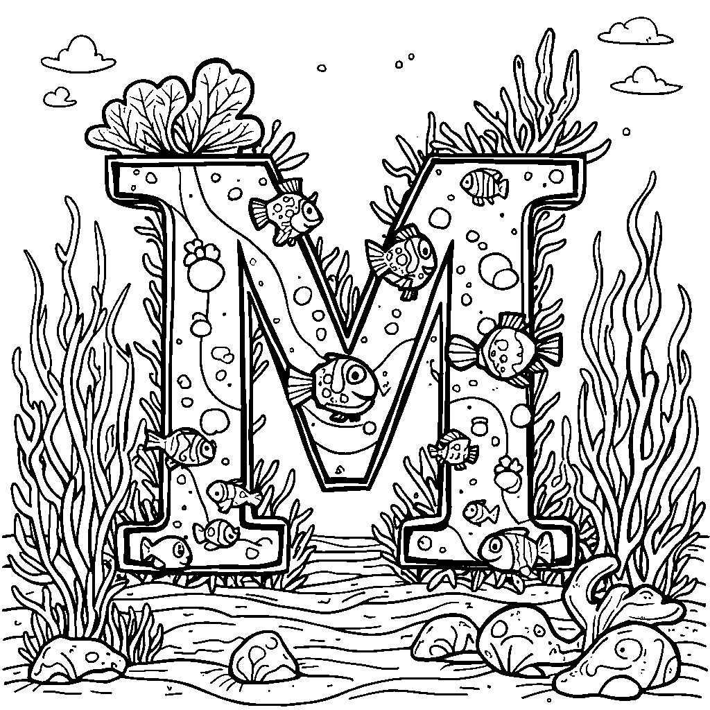 An underwater scene featuring letter M made of coral and fish