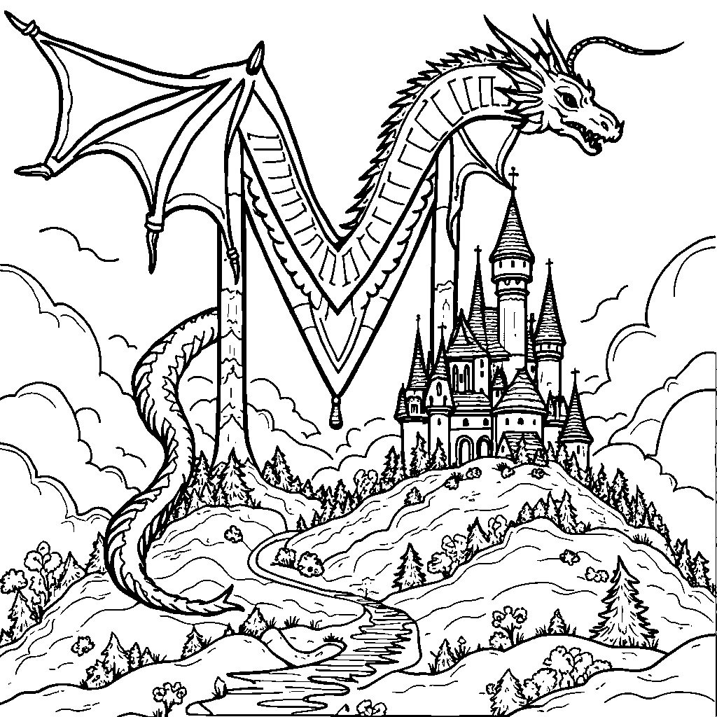 A fantasy dragon shaped like letter M flying over a castle