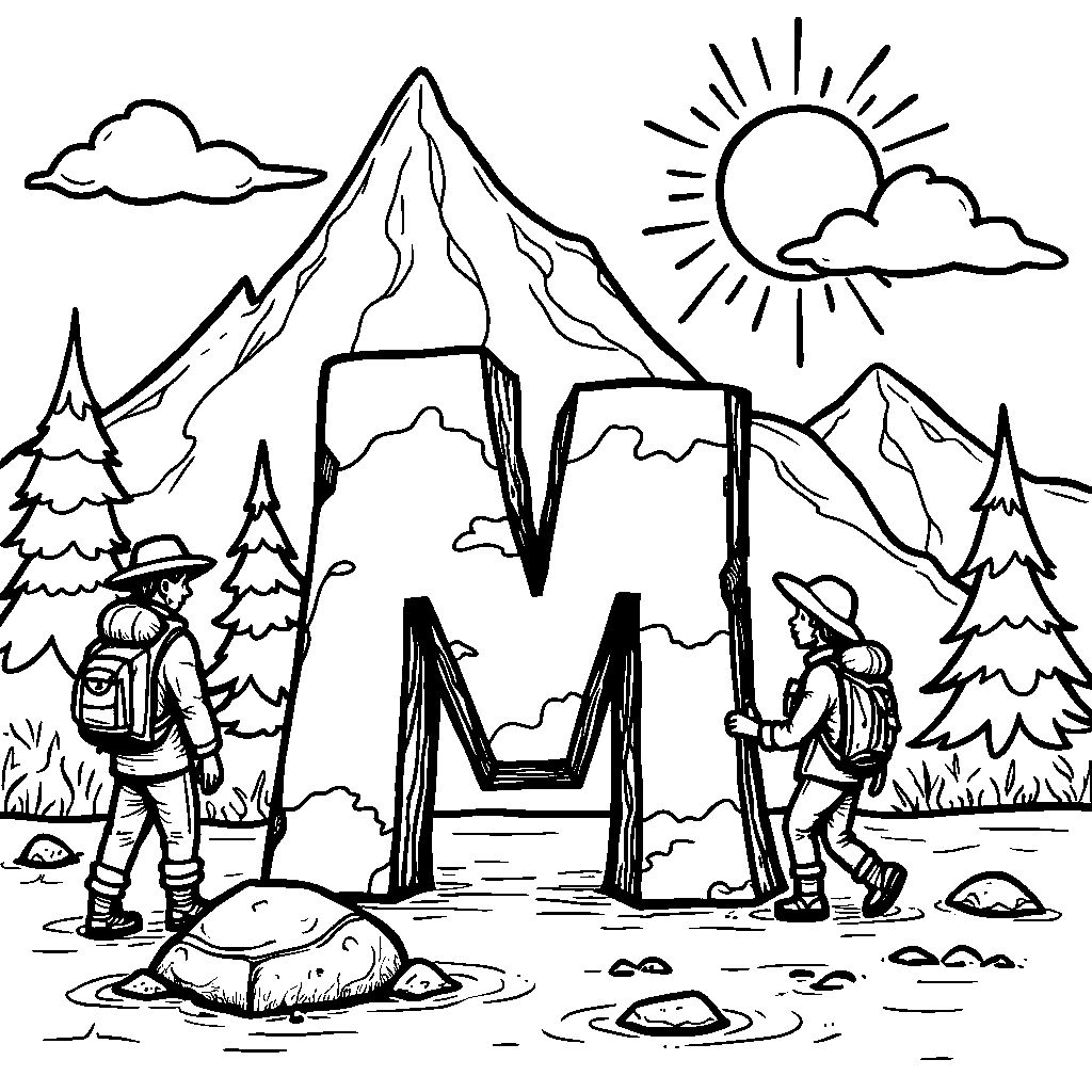 Letter M as a mountain with a sunny sky and happy hikers