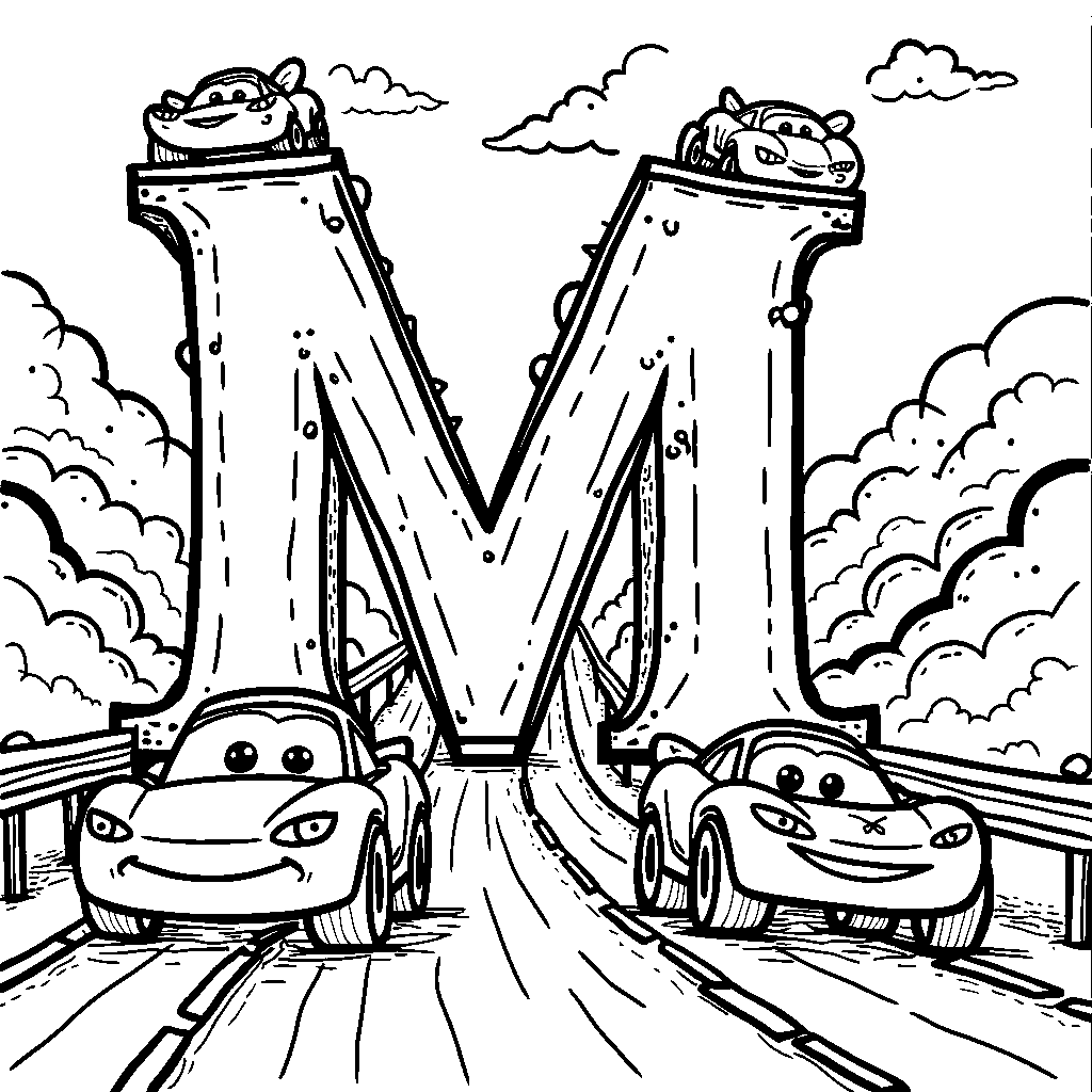 Letter M as a racing track with toy cars zooming around