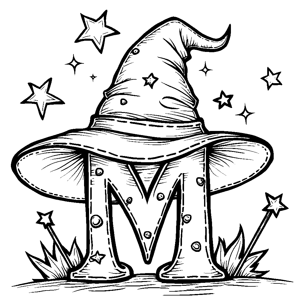 Letter M as a wizard's hat with sparkling stars and magic wands