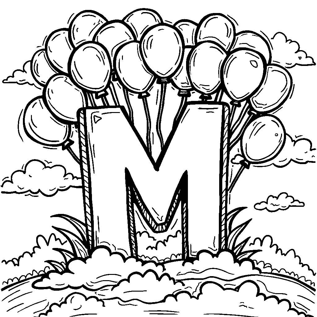 Letter M decorated with colorful balloons floating in the sky