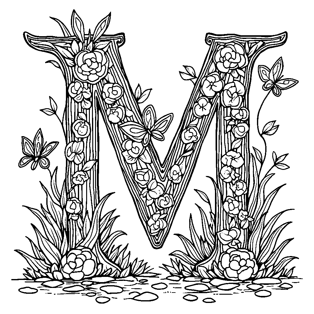 Letter M decorated with colorful flowers and butterflies