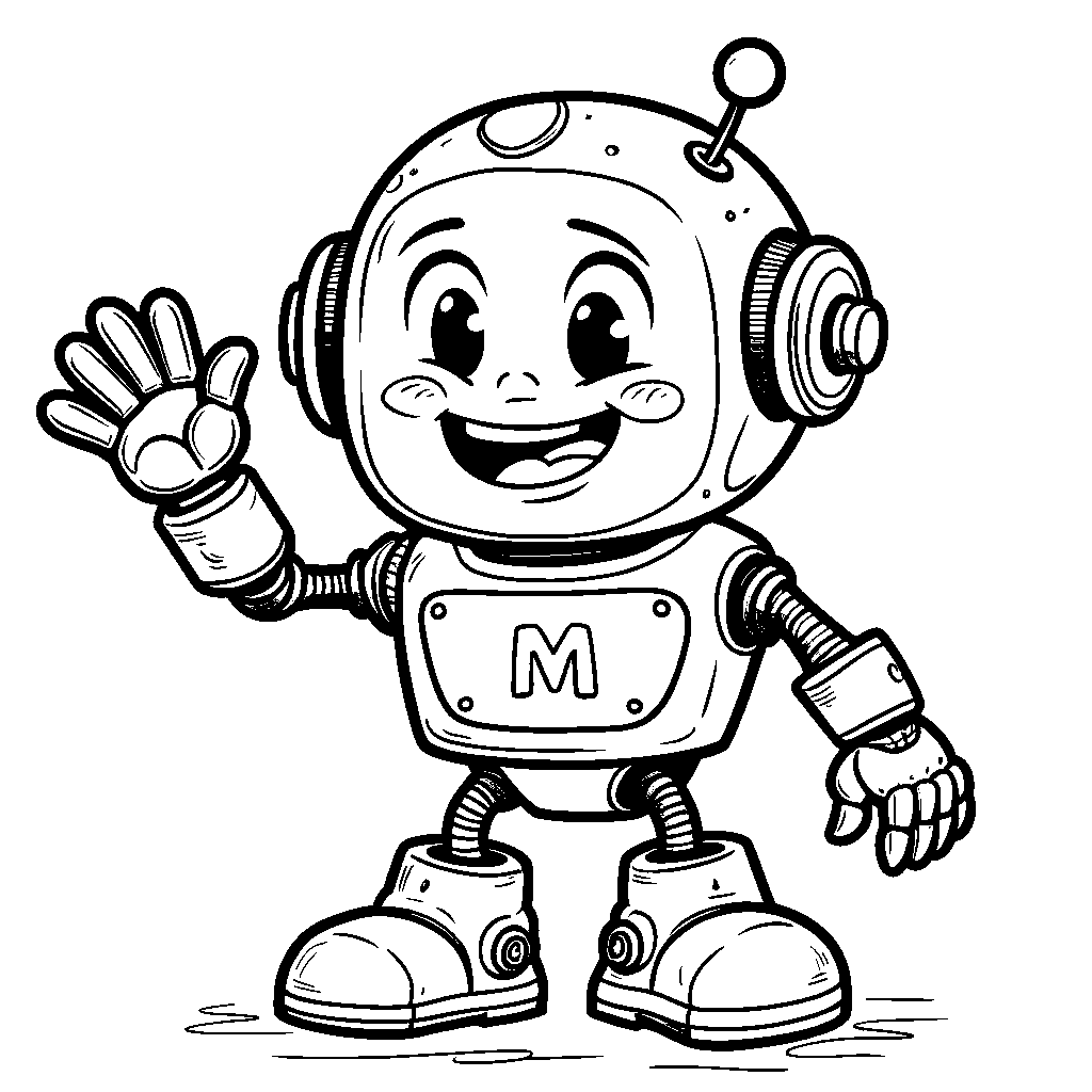 Letter M depicted as a cute robot waving hello