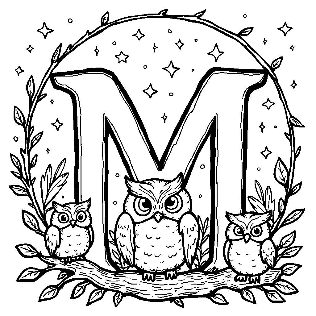 Letter M encircled by starry night sky with cute little owls