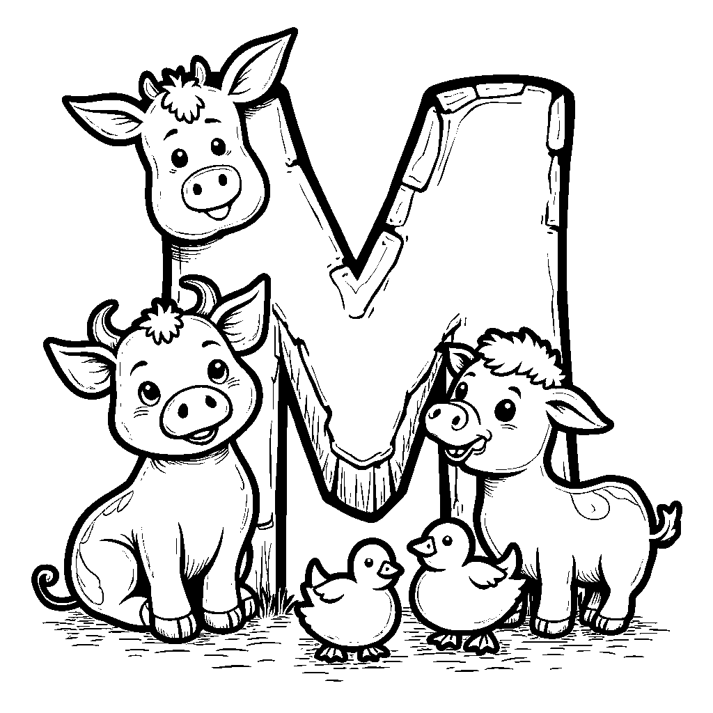 Letter M illustrated with cute farm animals gathered around it