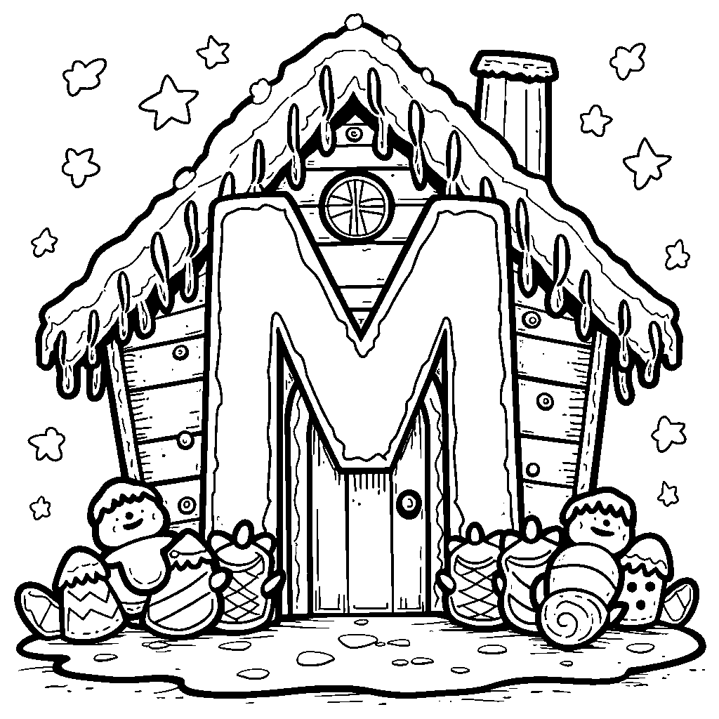 Letter M inside a cozy gingerbread house with candy decorations