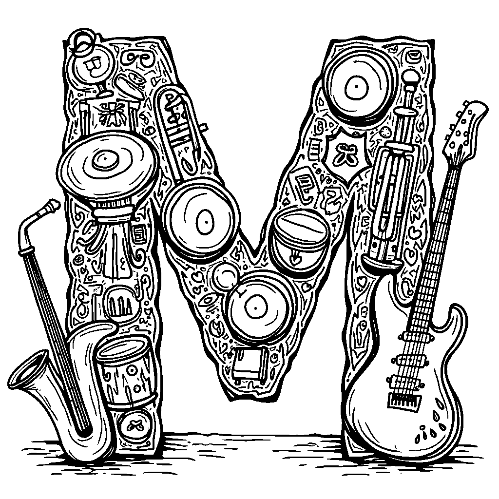 Letter M made from musical instruments in a joyful band