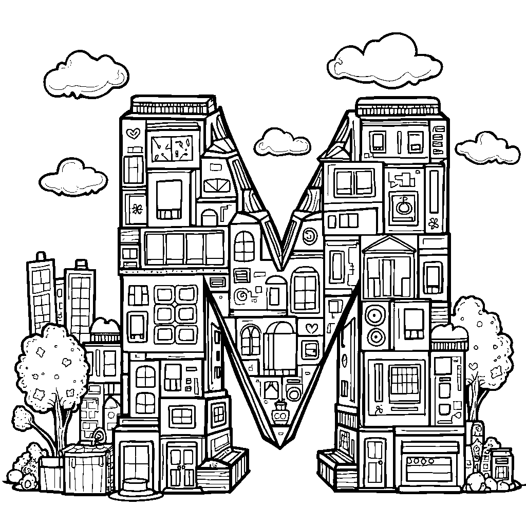 Letter M made of building blocks in a playful city setting