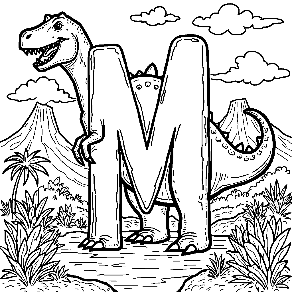 Letter M portrayed as a giant friendly dinosaur in a prehistoric setting