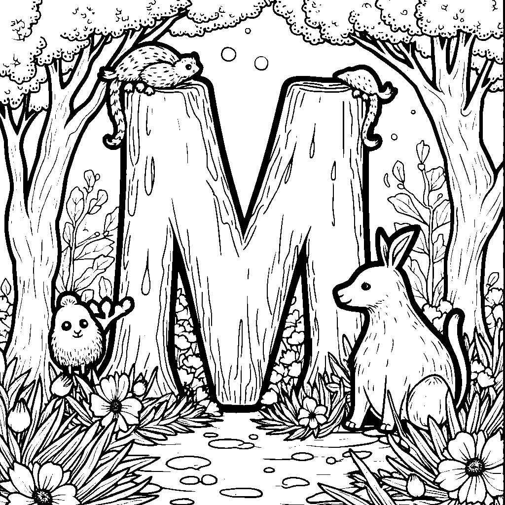 Letter M surrounded by a magical forest with whimsical creatures