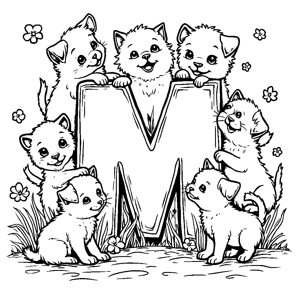 Letter M surrounded by cute kittens and puppies playing