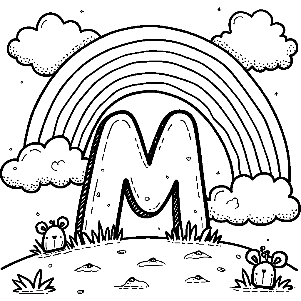 A rainbow arching over a fun letter M in a bright blue sky