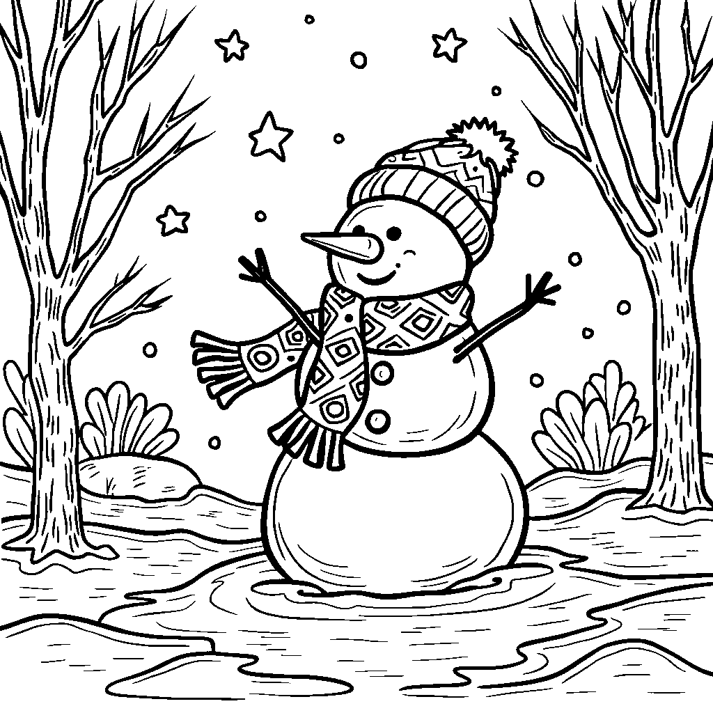 A snowy scene with letter M as a snowman wearing a scarf