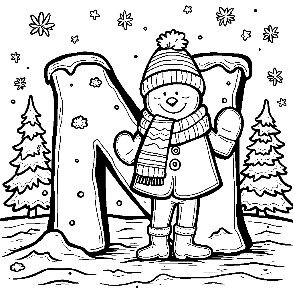 A winter wonderland with letter M dressed in a scarf and mittens