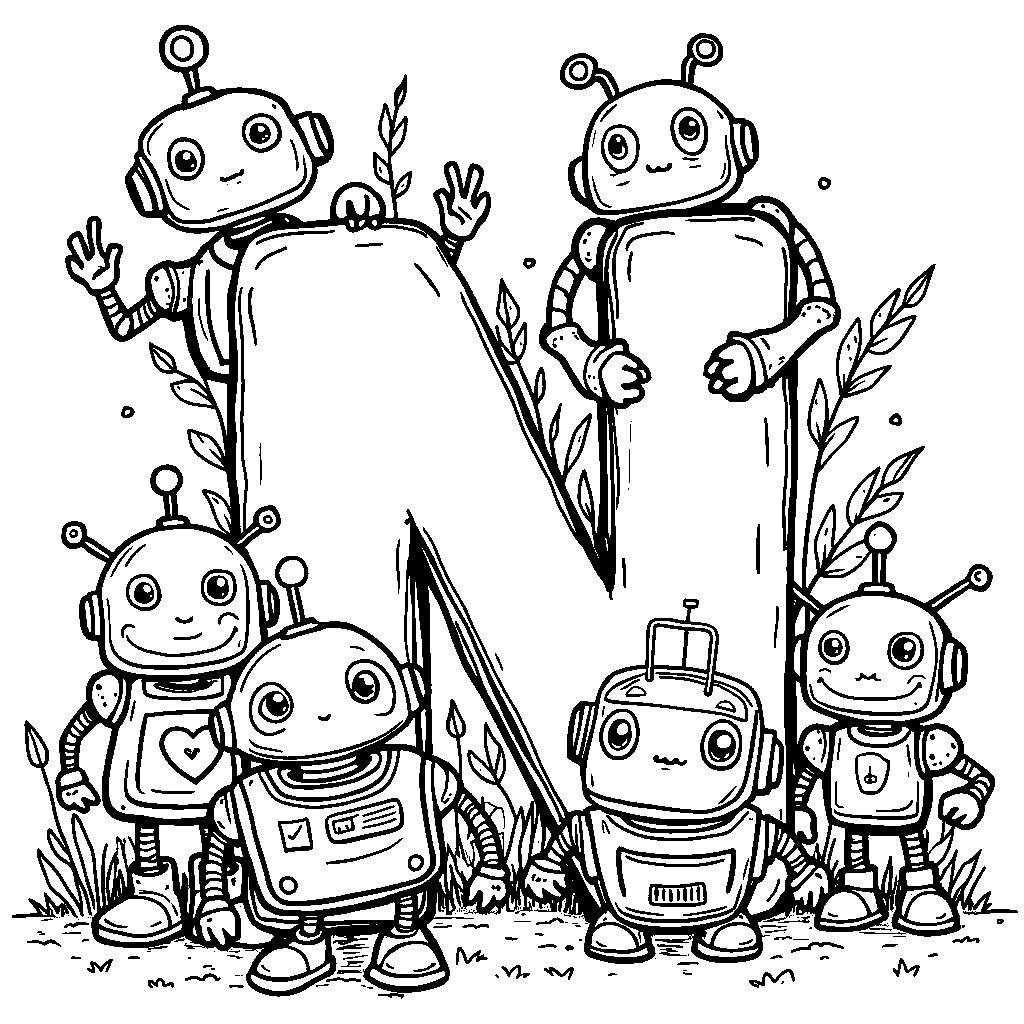 A big letter N surrounded by friendly robots