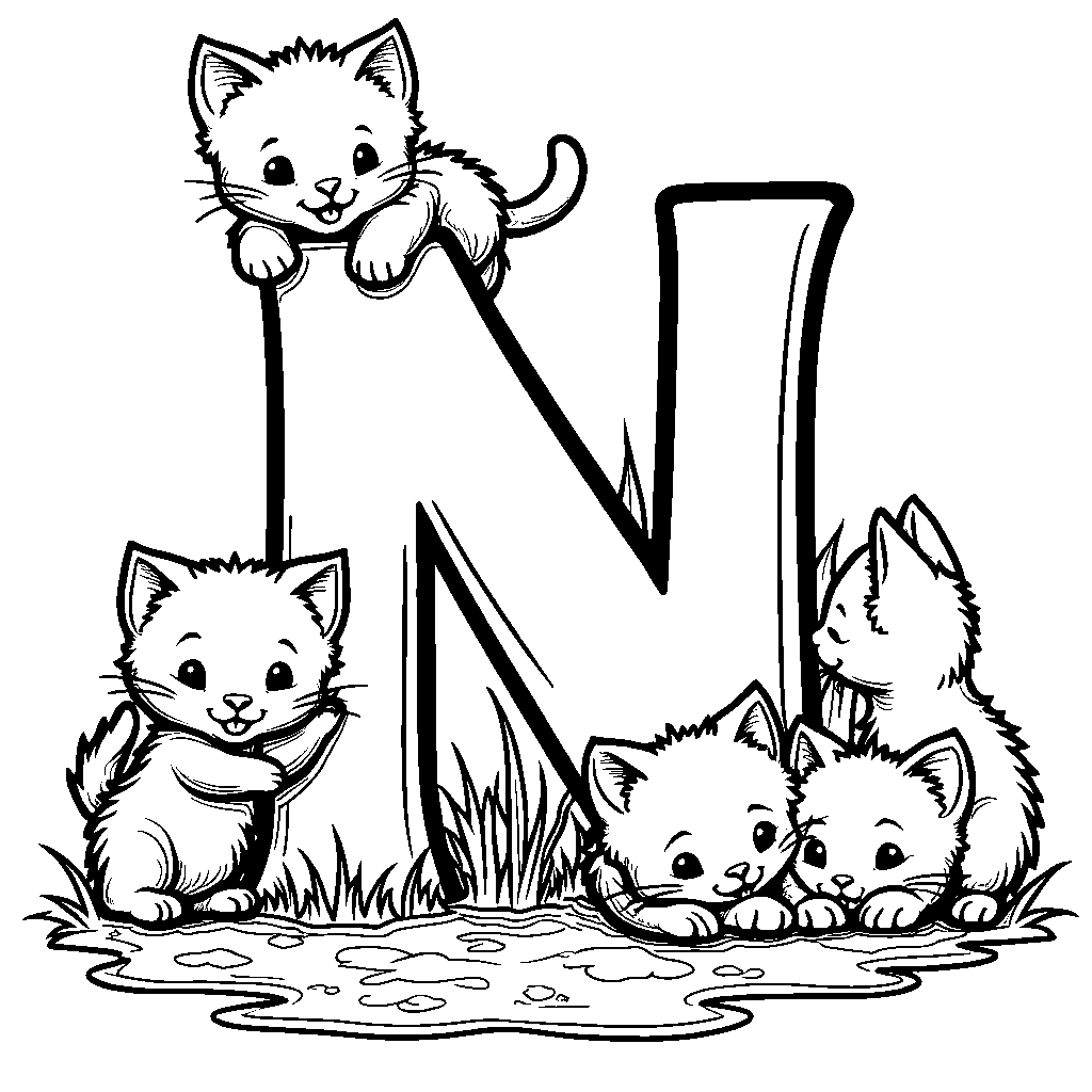 A big letter N surrounded by playful kittens