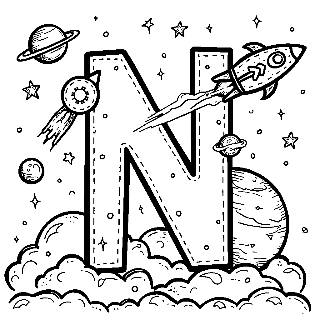 A letter N decorated with space-themed elements like rockets