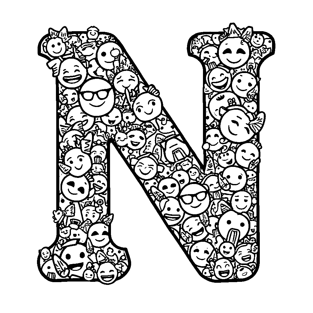 A letter N filled with cool emojis and social media symbols