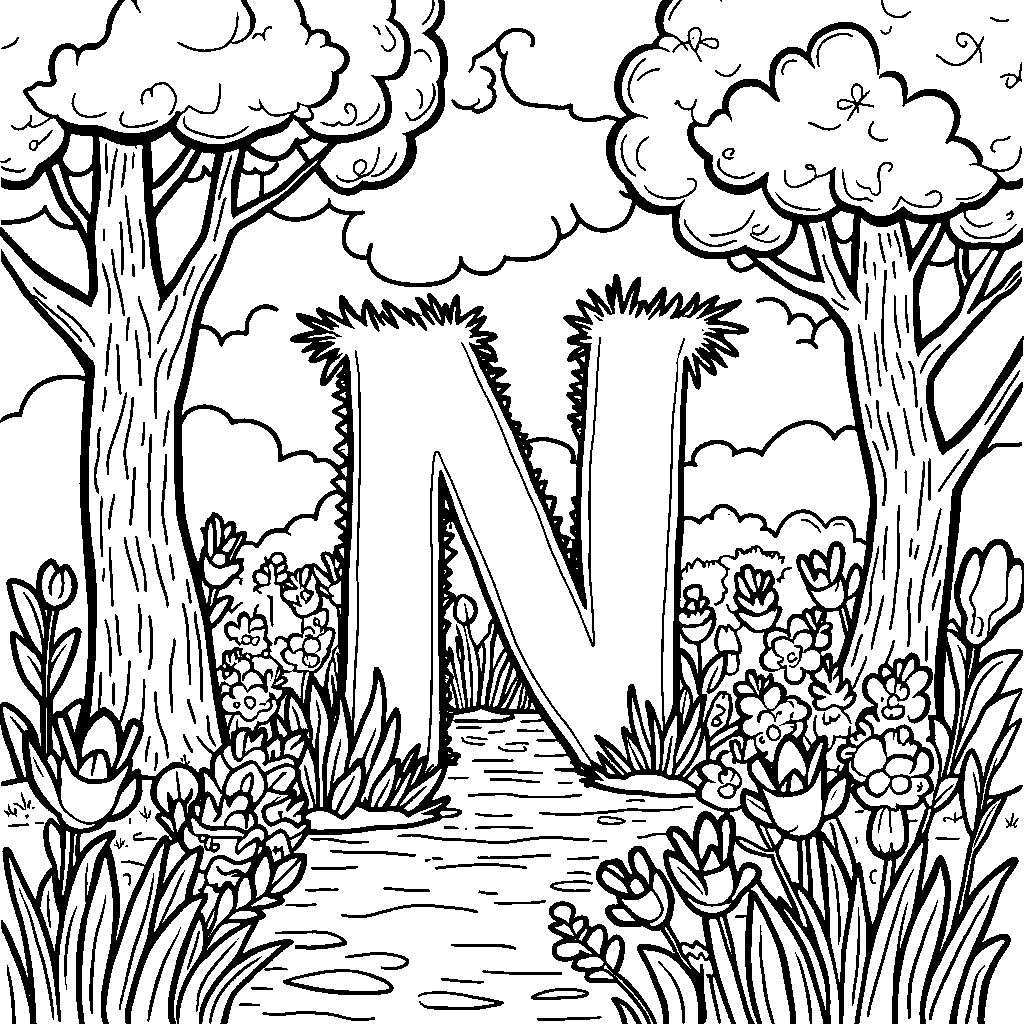 A letter N hidden in a magical forest scene