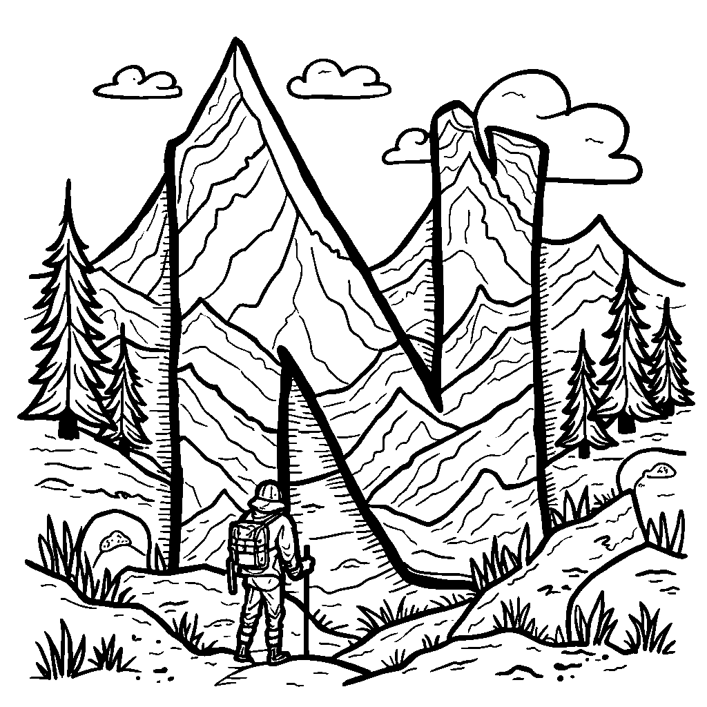 A letter N shaped like a mountain range with hikers