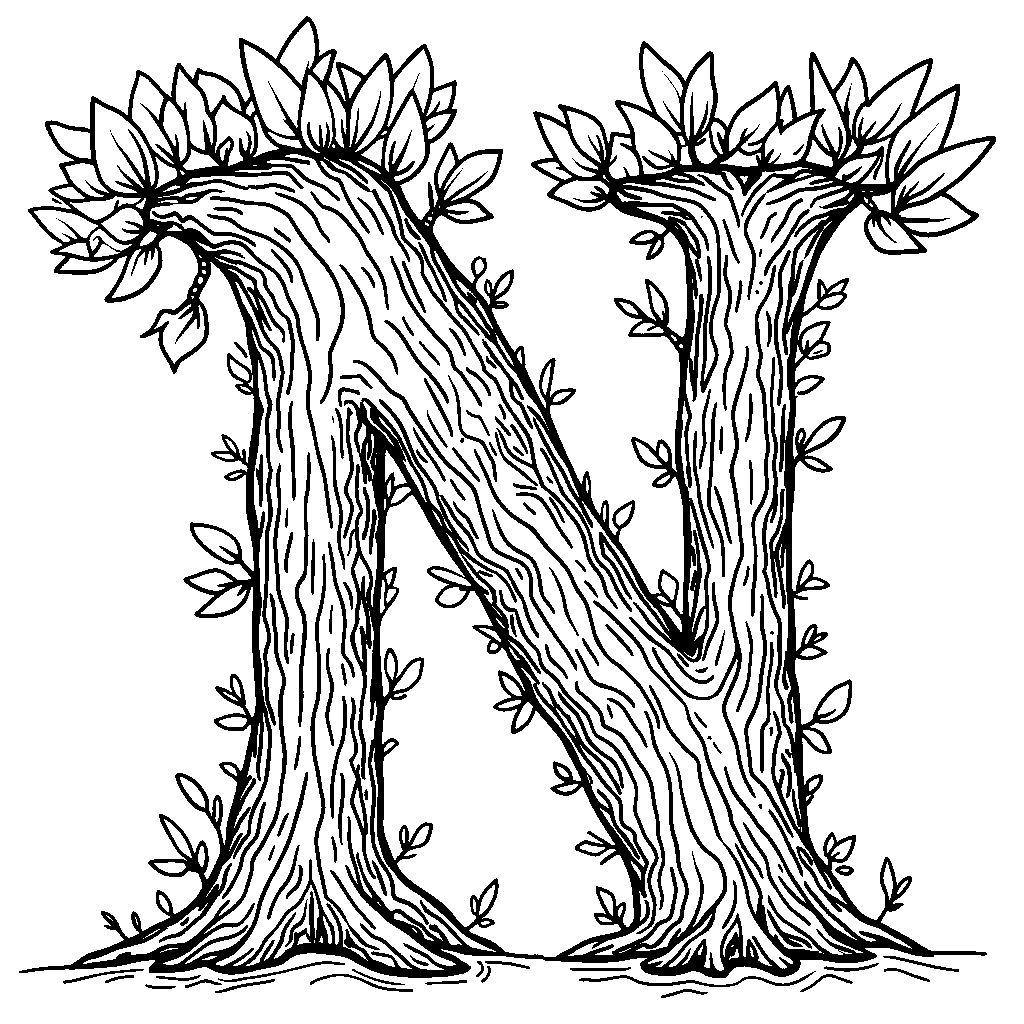 A letter N shaped like a tree with branches and leaves