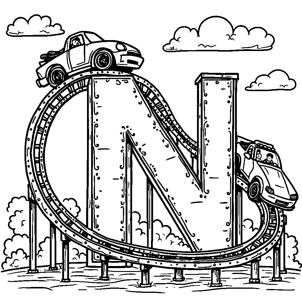 A letter N that looks like a rollercoaster track with cars riding it