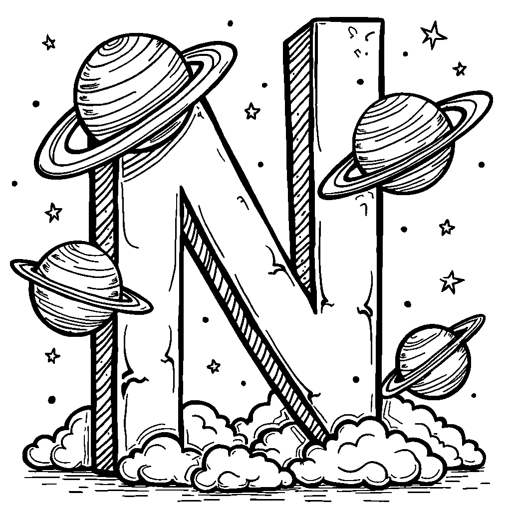 A letter N with cartoon planets orbiting around it