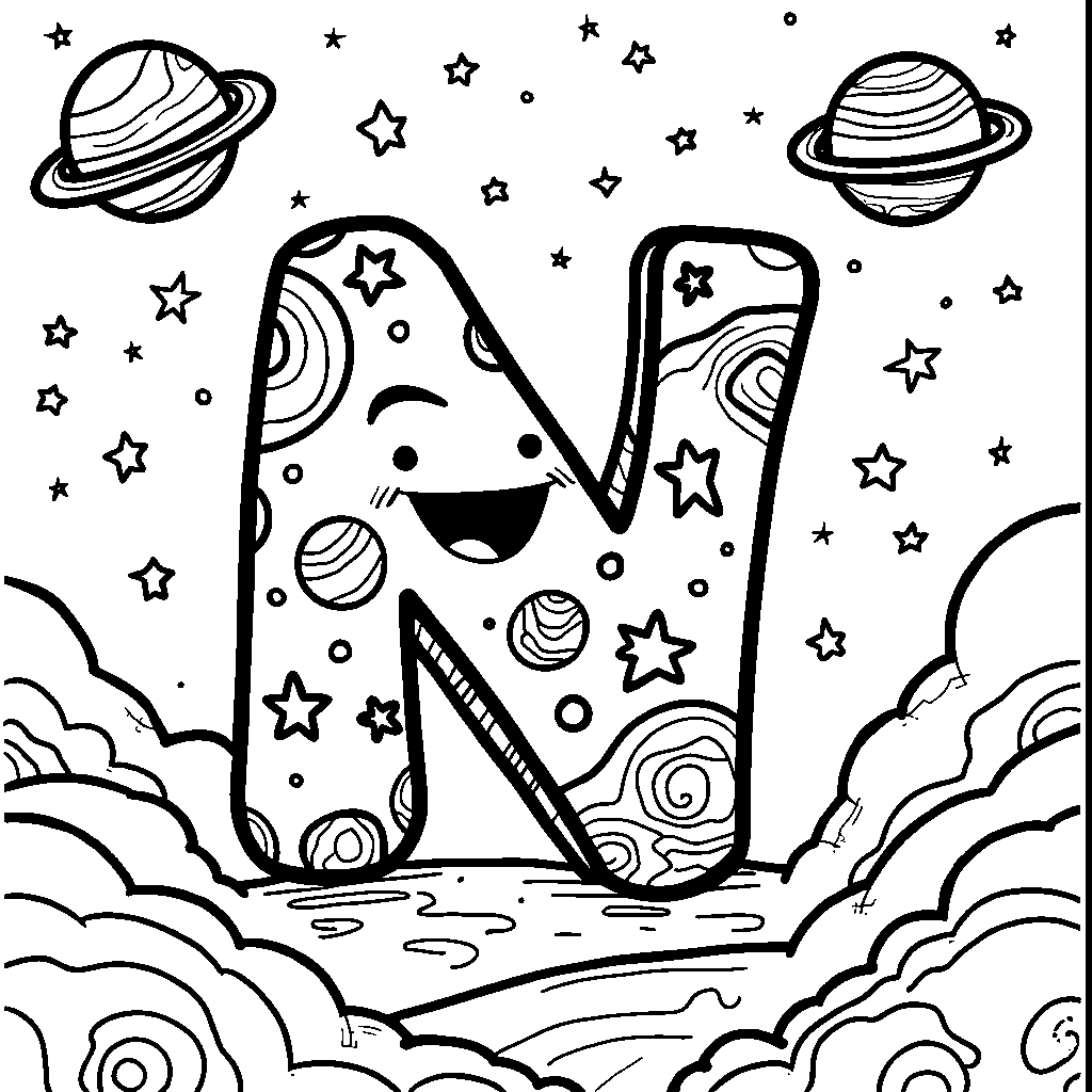 An adventurous letter N in outer space with planets and stars