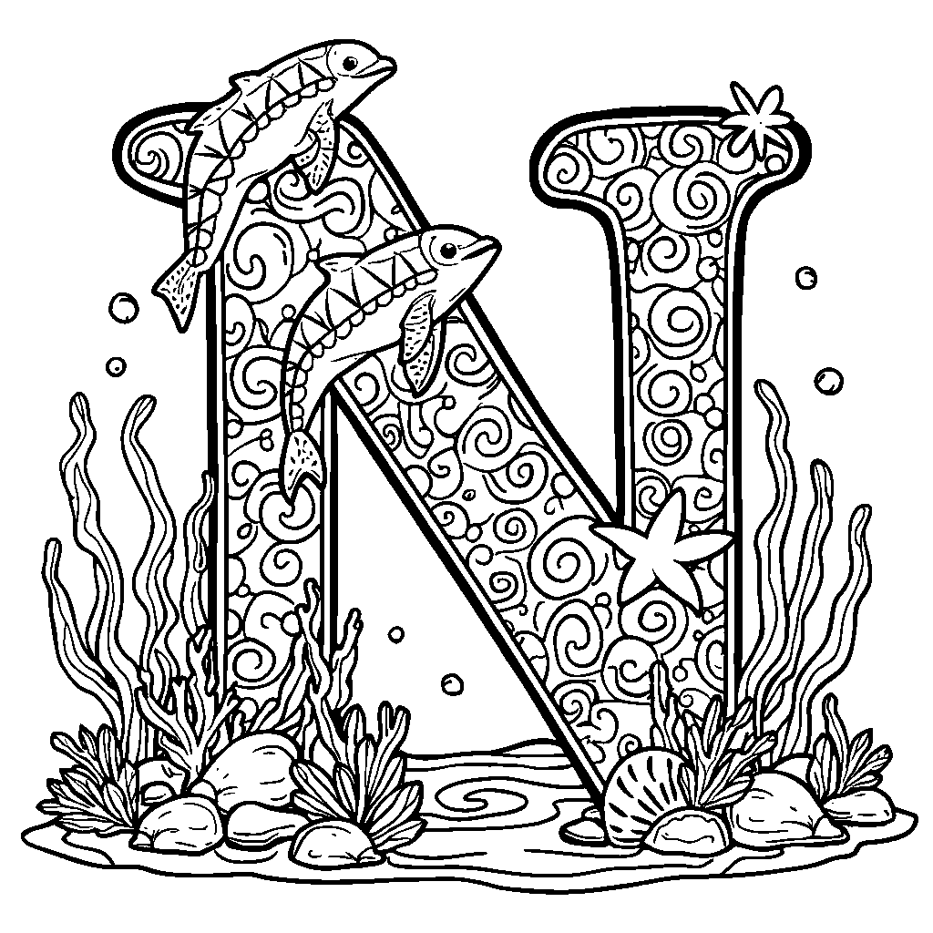 An outline of the letter N adorned with ocean creatures