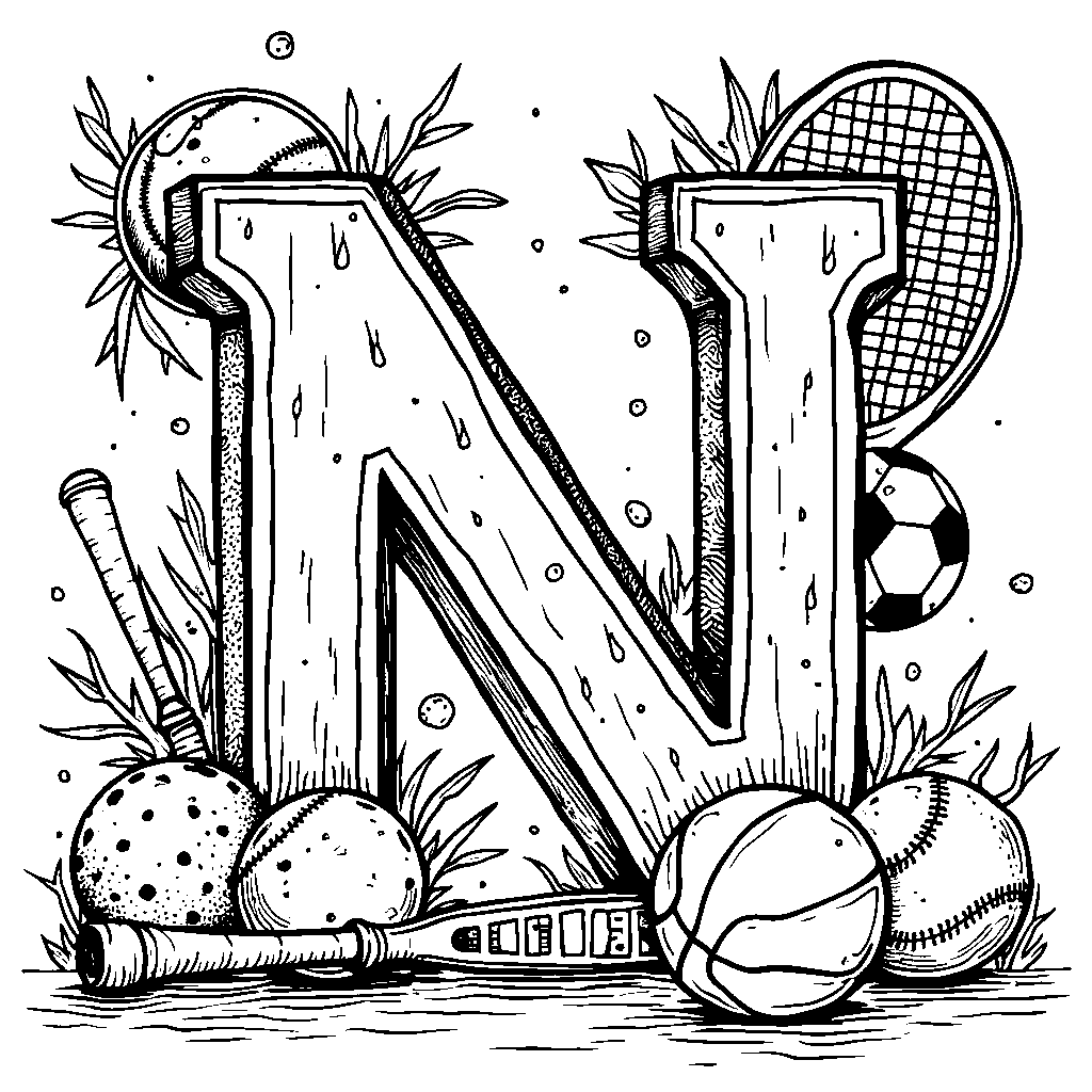 An outline of the letter N decorated with sports equipment