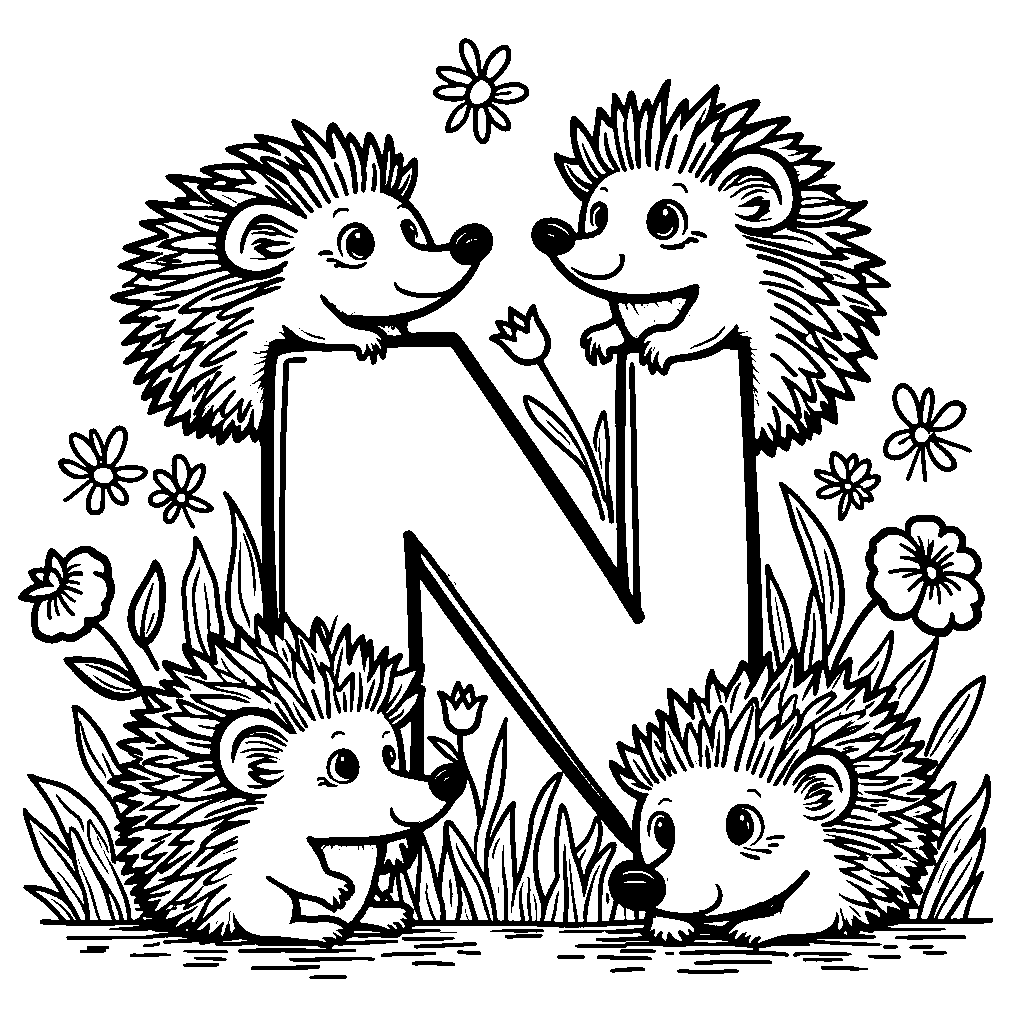 An outline of the letter N encircled by garden hedgehogs