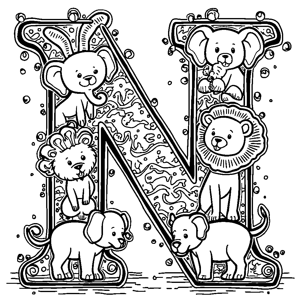 An outline of the letter N filled with circus animals