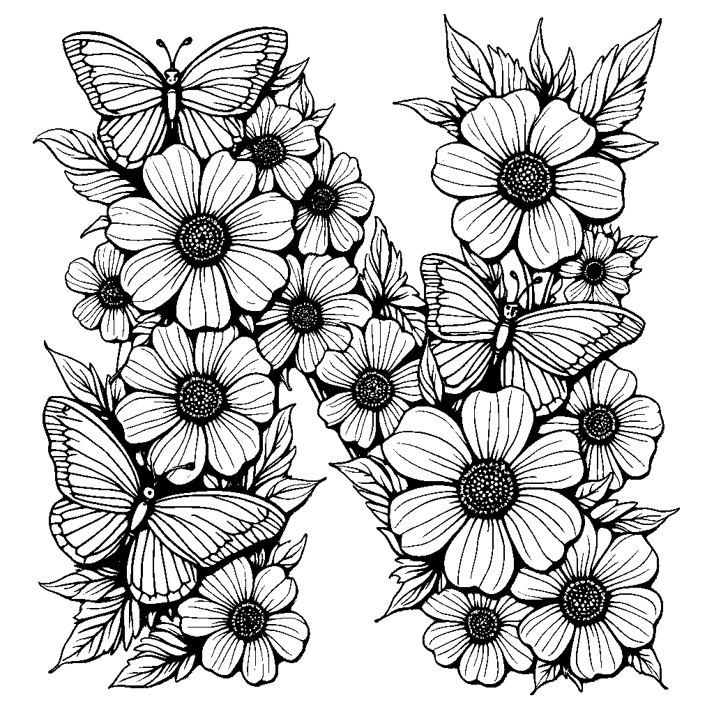 An outline of the letter N filled with flowers and butterflies.