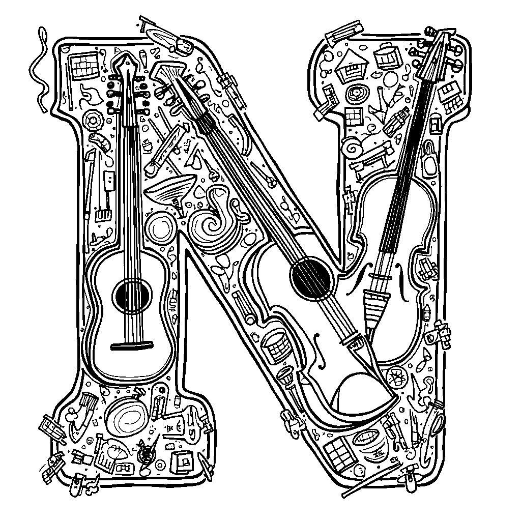 An outline of the letter N filled with musical instruments