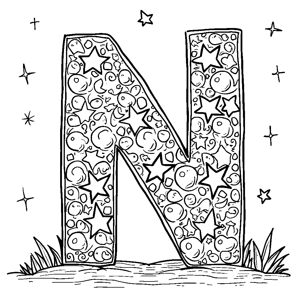 An outline of the letter N filled with stars and moons.